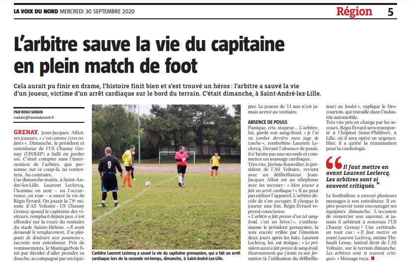 AS Voltaire Ufolep Football Amateur Nord Lille Saint André Club Equipe Entraîneur Joueur Arbitre Match Entrainement Recrutement Accident Cardiaque Défibrillateur Journal La Voix du Nord VDN Région Chanzy
