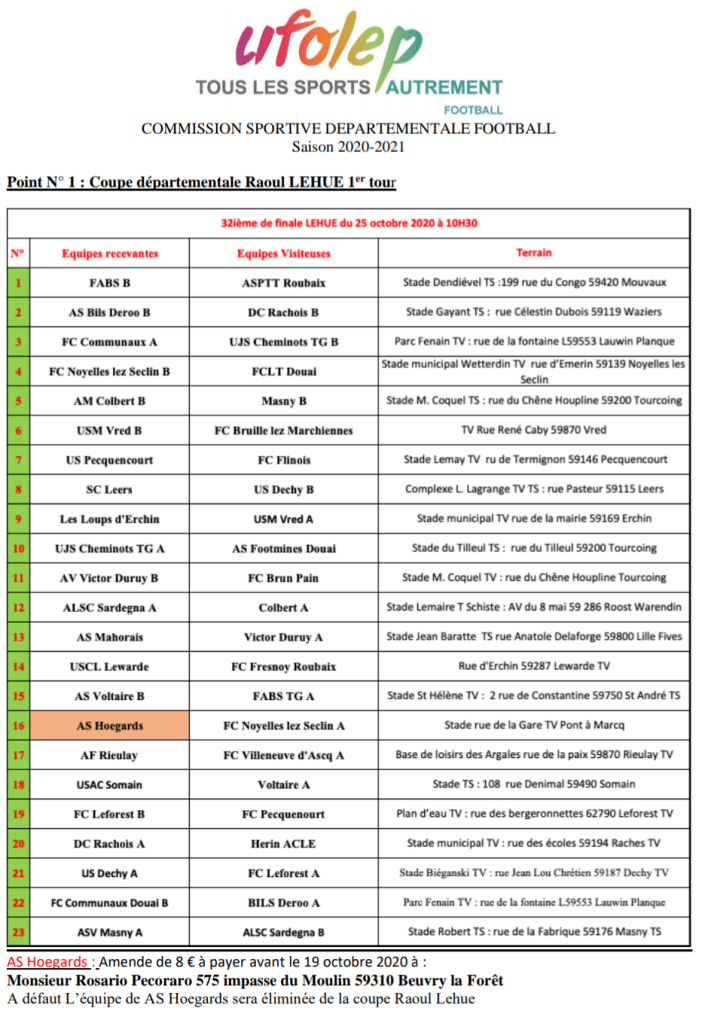 AS Voltaire Ufolep Football Amateur Nord Lille Saint André Club Equipe Entraîneur Joueur Arbitre Match Entrainement Recrutement 